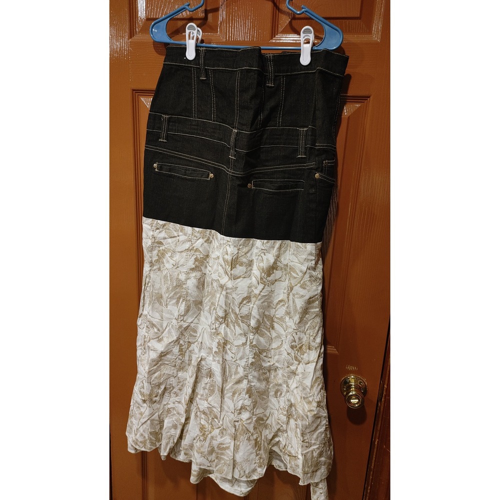 NoFuze Maxi Skirt Womens 14 Blue White Excellent Denim Mixed Media Floral Boho - Picture 6 of 7